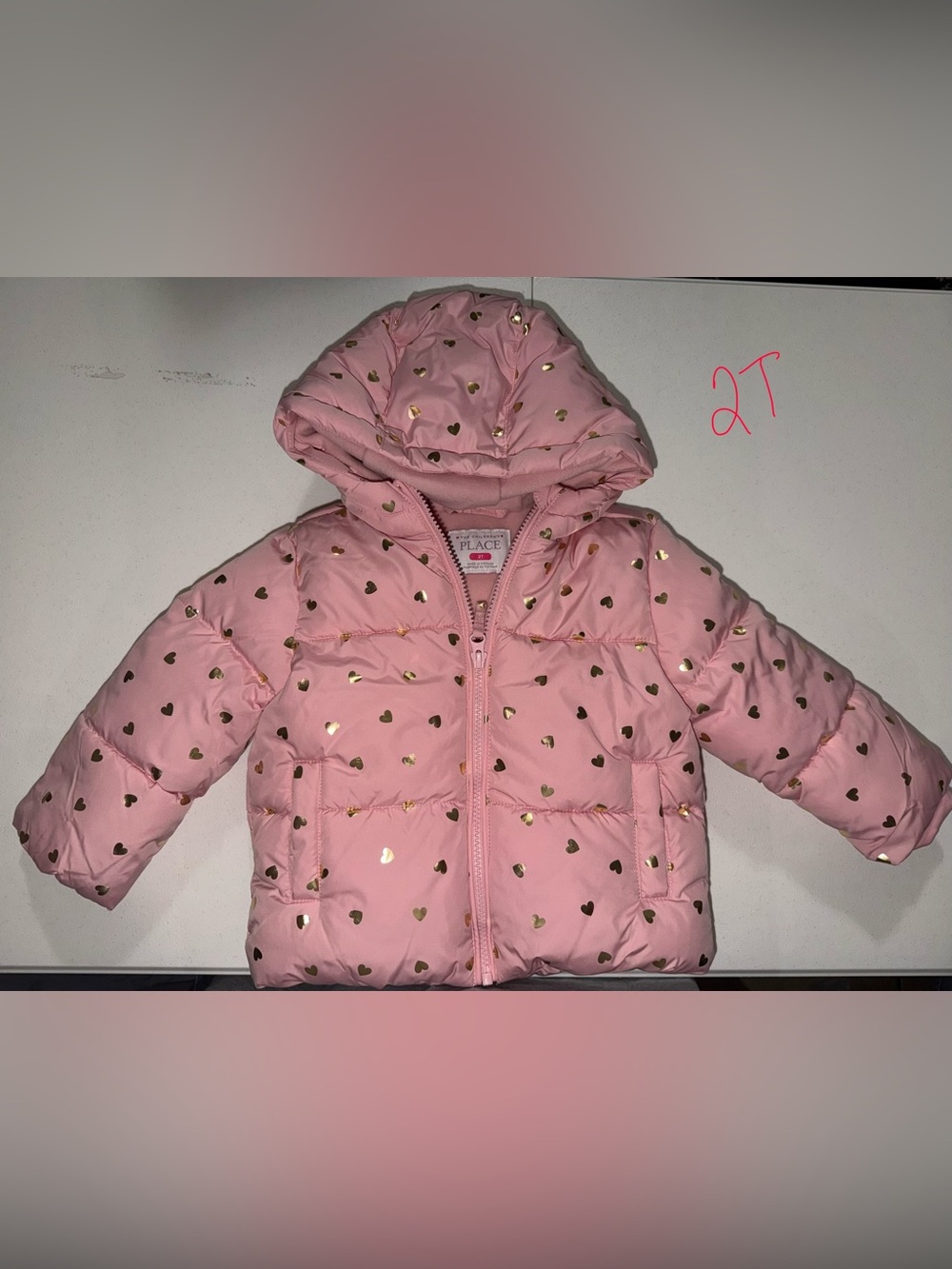 The Children's Place Pink Hooded Puffer Jacket with Gold Heart Accents